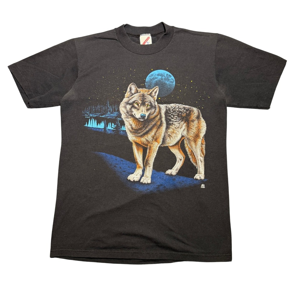 Vintage 1987 Wolf Moon Graphic T-Shirt Black Single Stitch Mens M